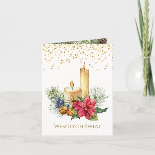 Poinsettia candles pine bells Polish Christmas Holiday Card