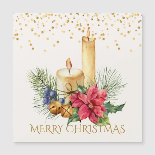 Poinsettia candles pine Christmas magnetic card