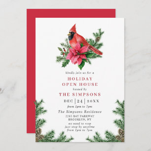 Poinsettia & Cardinal Holiday Christmas Open House Invitation