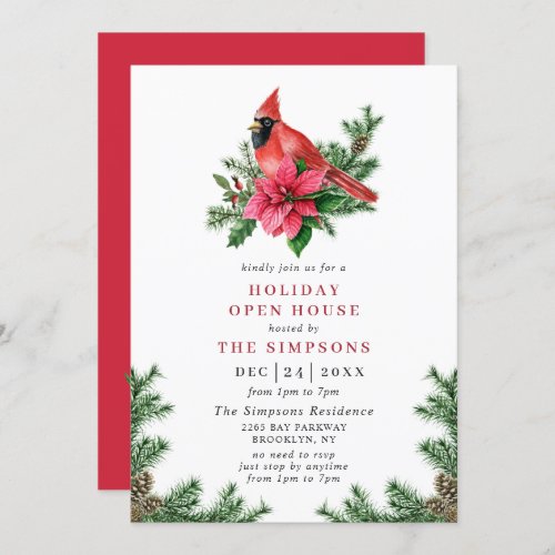 Poinsettia  Cardinal Holiday Christmas Open House Invitation