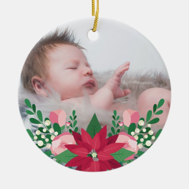 Poinsettia & Chalkboard | Baby's First Christmas Ceramic Ornament (Front)