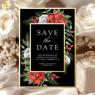 Poinsettia Christmas Black Wedding Save the Date Foil Invitation
