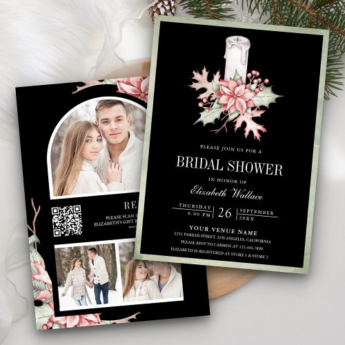 Poinsettia Christmas Candle Black Bridal Shower Invitation