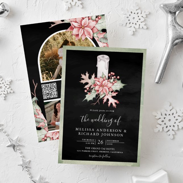Poinsettia Christmas Candle QR Code Black Wedding Invitation (Creator Uploaded)