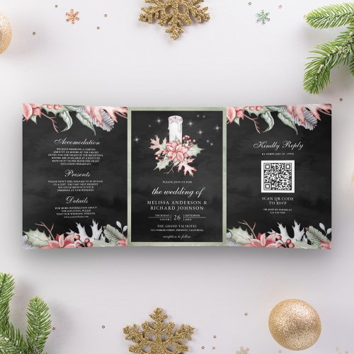 Poinsettia Christmas Candle QR Code Black Wedding Tri_Fold Invitation