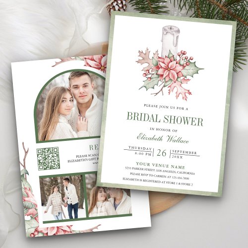 Poinsettia Christmas Candle QR Code Bridal Shower Invitation