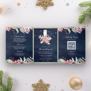 Poinsettia Christmas Candle QR Code Navy Wedding Tri-Fold Invitation