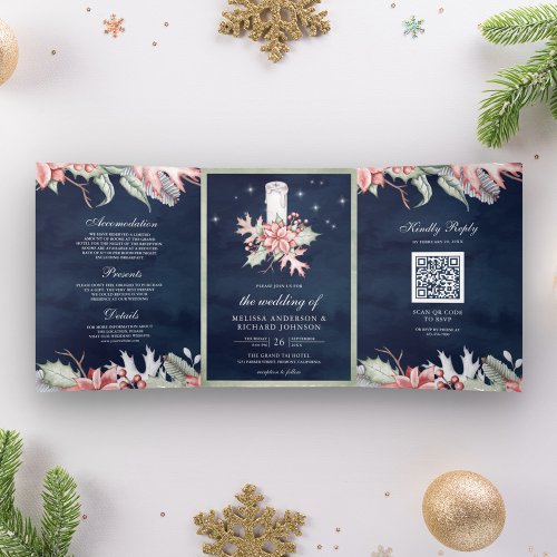 Poinsettia Christmas Candle QR Code Navy Wedding Tri_Fold Invitation