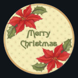 Poinsettia Christmas Classic Round Sticker<br><div class="desc">Lovely red Poinsettia flower with green leaves for her. Decor items say Merry Christmas. Elegant and perfect seasonal touch on tshirts,  gifts and other apparel.</div>