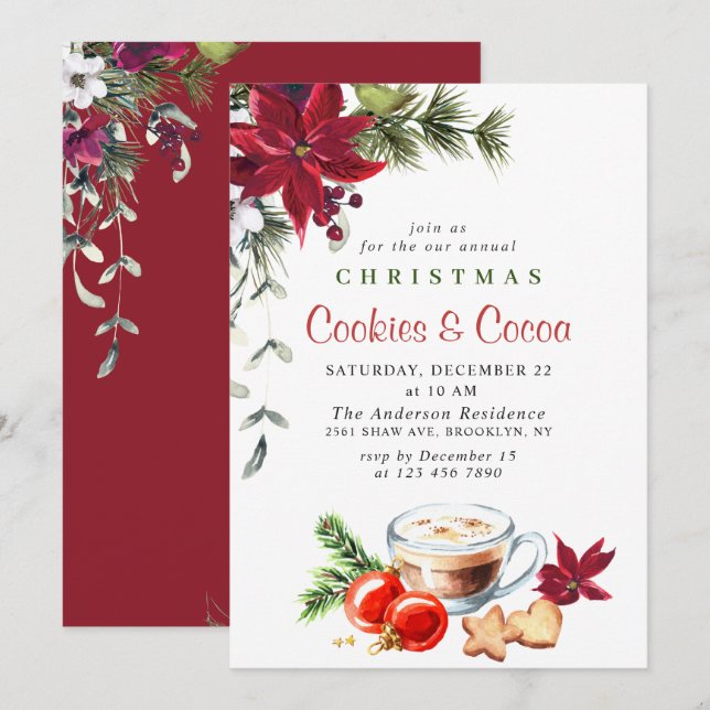 Poinsettia Christmas Cookies & Cocoa Holiday Party Invitation (Front/Back)