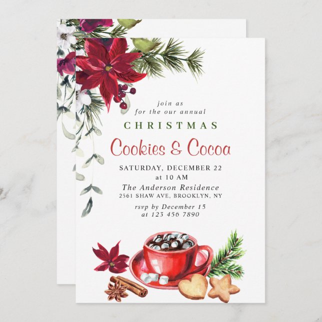Poinsettia Christmas Cookies & Cocoa Holiday Party Invitation (Front/Back)