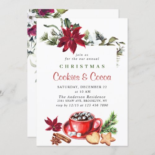 Poinsettia Christmas Cookies  Cocoa Holiday Party Invitation