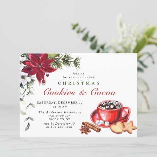 Poinsettia Christmas Cookies  Cocoa Holiday Party Invitation