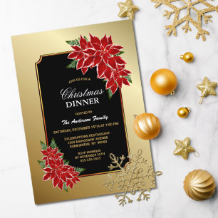 Poinsettia Christmas Dinner Gold Bordered Black Invitation