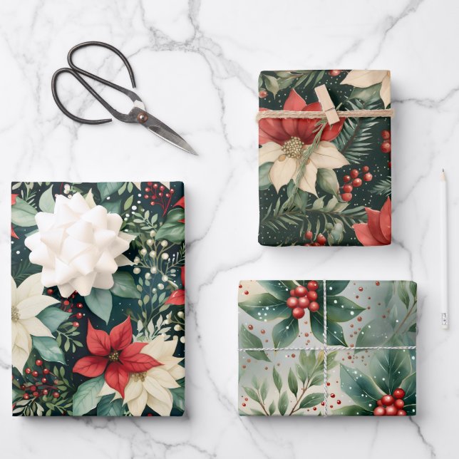 Poinsettia Christmas Flat Sheets Gift Wraps (Front)