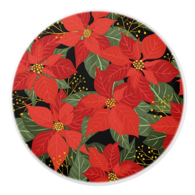 Poinsettia Christmas Floral Ceramic Knob (Front)