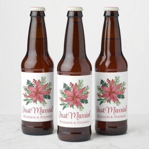 Poinsettia Christmas Floral Just Married Wedding Beer Bottle Label
