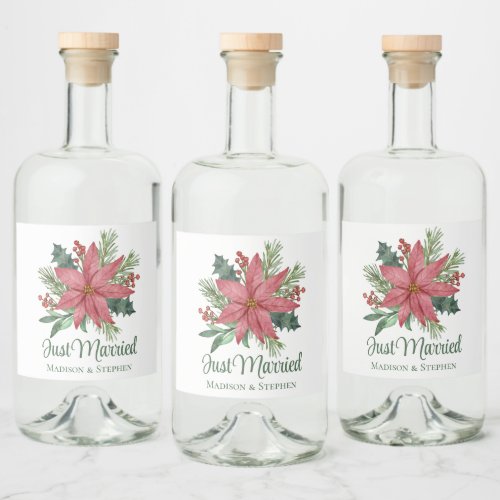Poinsettia Christmas Floral Just Married Wedding Liquor Bottle Label