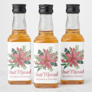 Poinsettia Christmas Floral Just Married Wedding Liquor Bottle Label