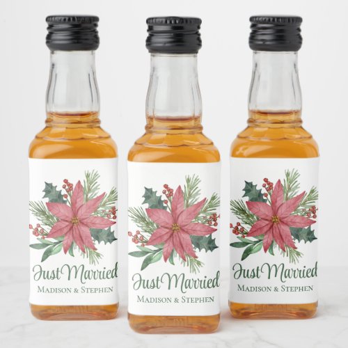 Poinsettia Christmas Floral Just Married Wedding Liquor Bottle Label