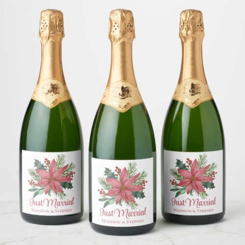 Poinsettia Christmas Floral Just Married Wedding Sparkling Wine Label