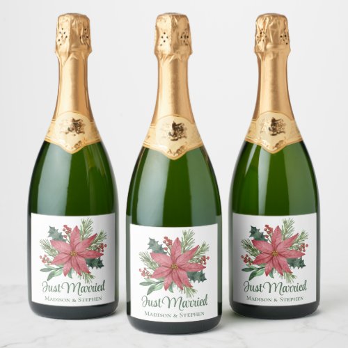 Poinsettia Christmas Floral Just Married Wedding Sparkling Wine Label