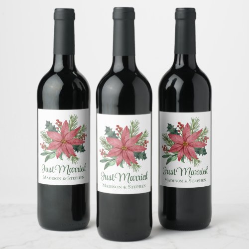 Poinsettia Christmas Floral Just Married Wedding Wine Label