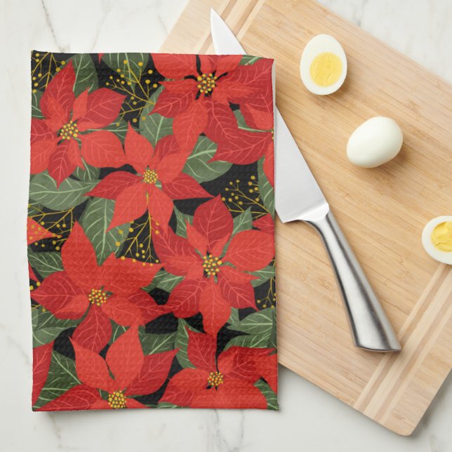 Poinsettia Christmas Floral Kitchen Towel (Quarter Fold)