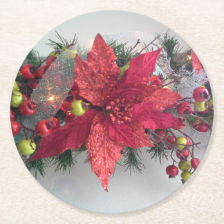 Poinsettia Christmas flowers - Flor de Pascua Round Paper Coaster