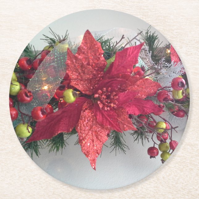 Poinsettia Christmas flowers - Flor de Pascua Round Paper Coaster (Front)