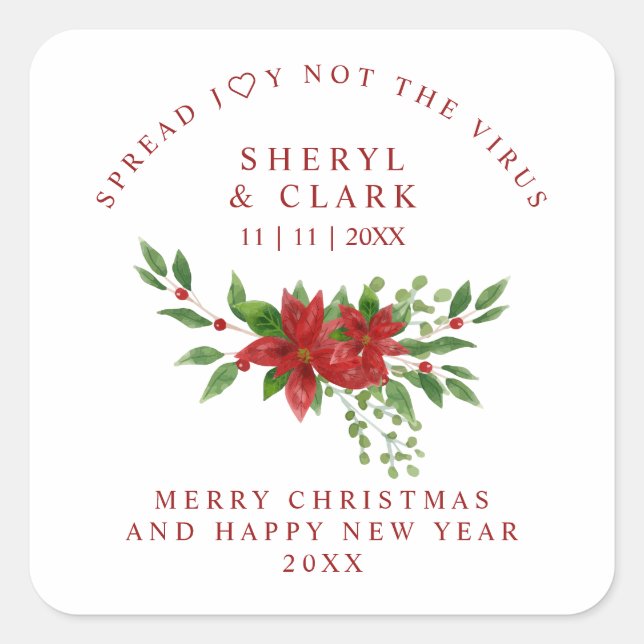 Poinsettia Christmas Garland Wedding Sanitizer Gel Square Sticker (Front)