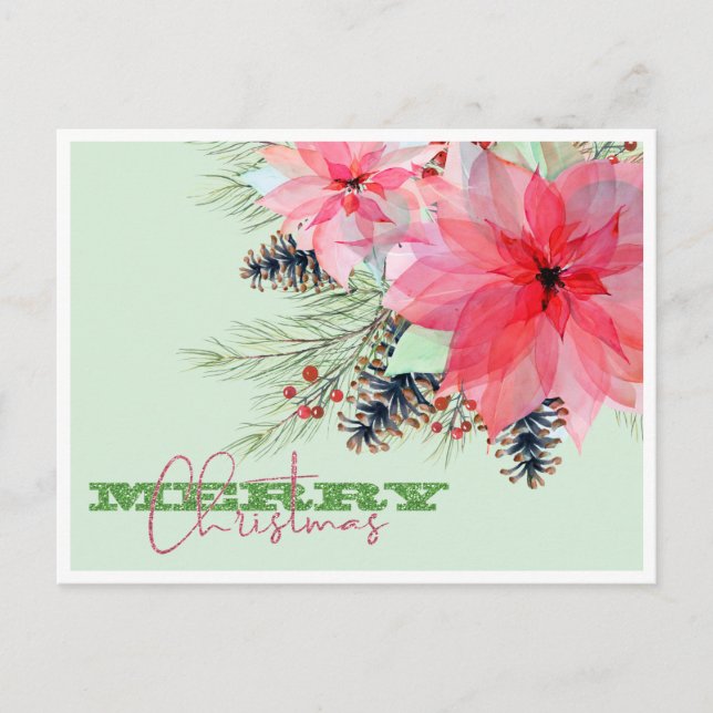 Poinsettia Christmas Glitter Holiday Postcard (Front)