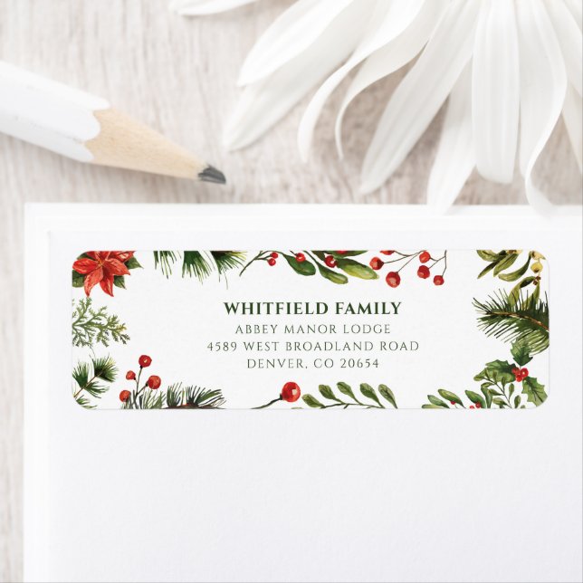 Poinsettia Christmas Greenery Return Address Label (Insitu)
