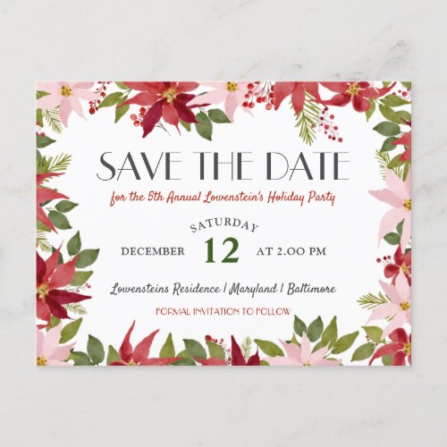 Poinsettia Christmas Holiday Party Save The Date Announcement Postcard