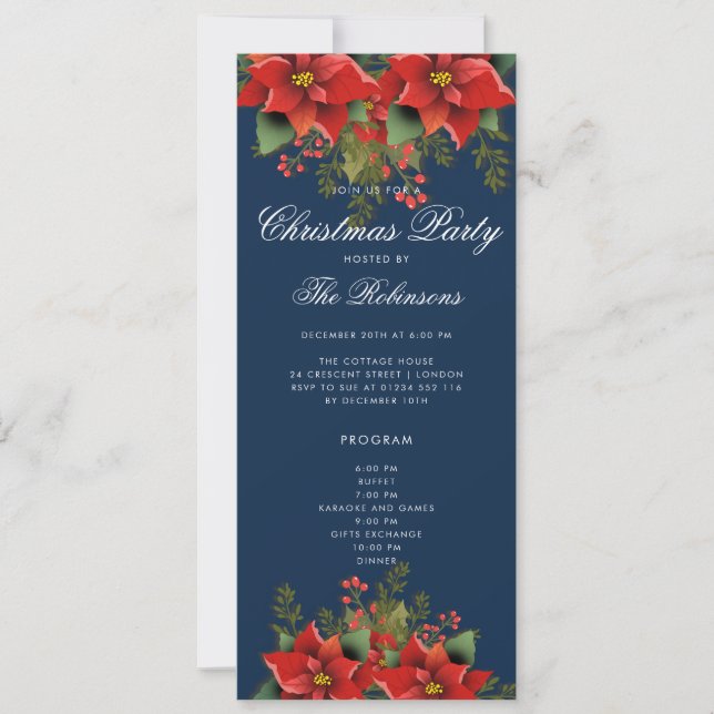 Poinsettia Christmas Invite Program & Menu Navy  (Front)