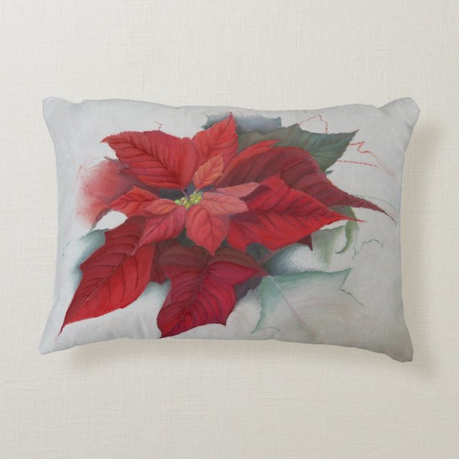 Poinsettia Christmas Oil Painting Decorative Pillow (Back)