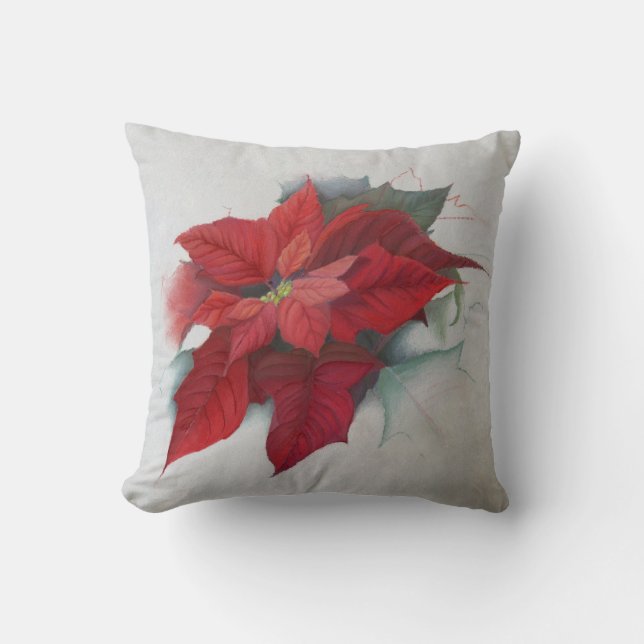 Poinsettia Christmas Oil Painting Throw Pillow (Front)