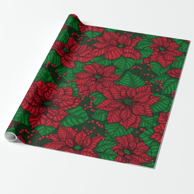 Poinsettia, Christmas pattern Wrapping Paper (Unrolled)