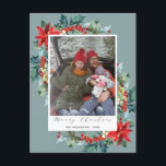 Poinsettia Christmas Pine Needle Funny Message Blu Postcard<br><div class="desc">Happy Holidays! Send a funny (or not) Christmas postcard with a message. The design features a traditional watercolor red Christmas flower with winter berries,  pine needle,  and greenery over a blue-grey background. Personalize with your favorite photo,  message,  names,  and return address. Matching items available.</div>