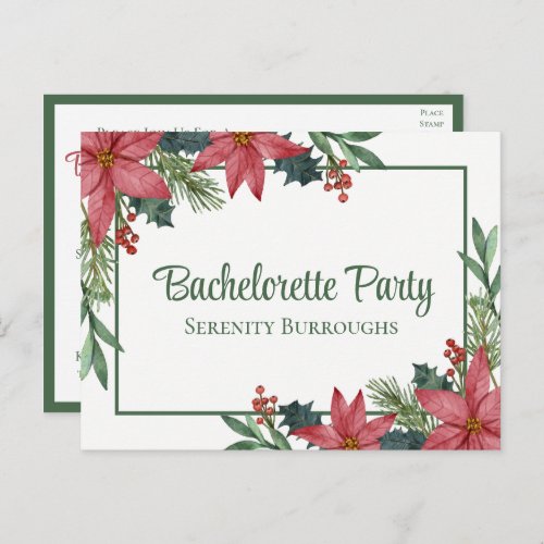 Poinsettia Christmas Red Floral Bachelorette Party Invitation Postcard