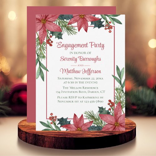 Poinsettia Christmas Red Floral Engagement Part Invitation