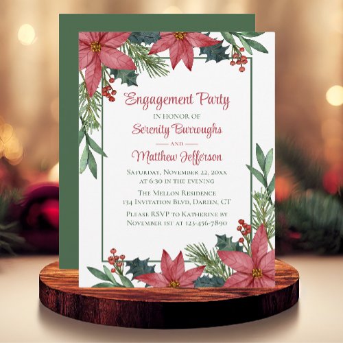 Poinsettia Christmas Red Floral Engagement Party Invitation