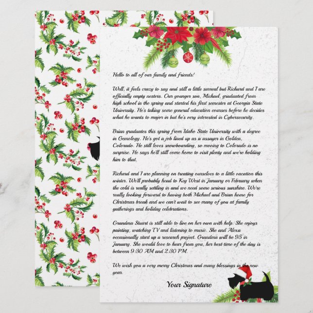 Poinsettia Christmas Scottie Family Newsletter Stationery (Front/Back)