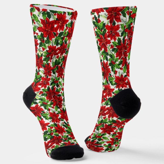 Poinsettia Christmas Socks (Angled)