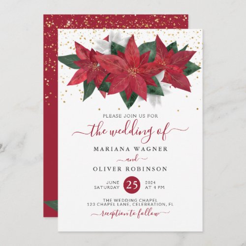 Poinsettia Christmas Watercolor Floral Wedding Invitation