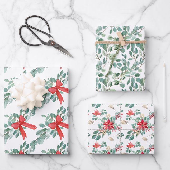 Poinsettia Christmas Watercolors Wrapping Paper Sheets (Front)