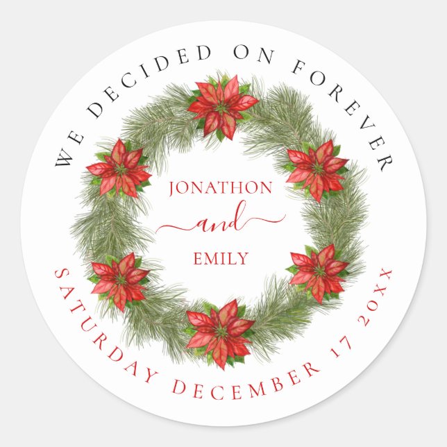 Poinsettia Christmas Wedding Date Decided Forever Classic Round Sticker (Front)