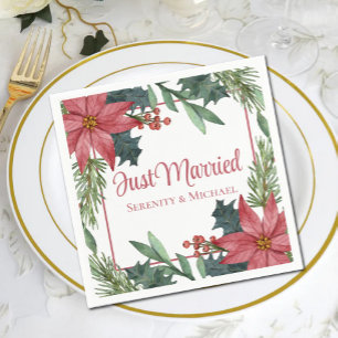 Poinsettia Christmas Winter Just Married Wedding Napkins