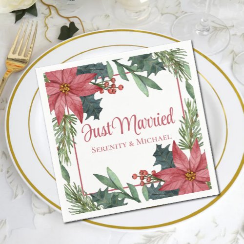 Poinsettia Christmas  Winter Just Married Wedding  Napkins