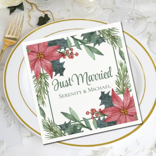 Poinsettia Christmas Winter Just Married Wedding  Napkins